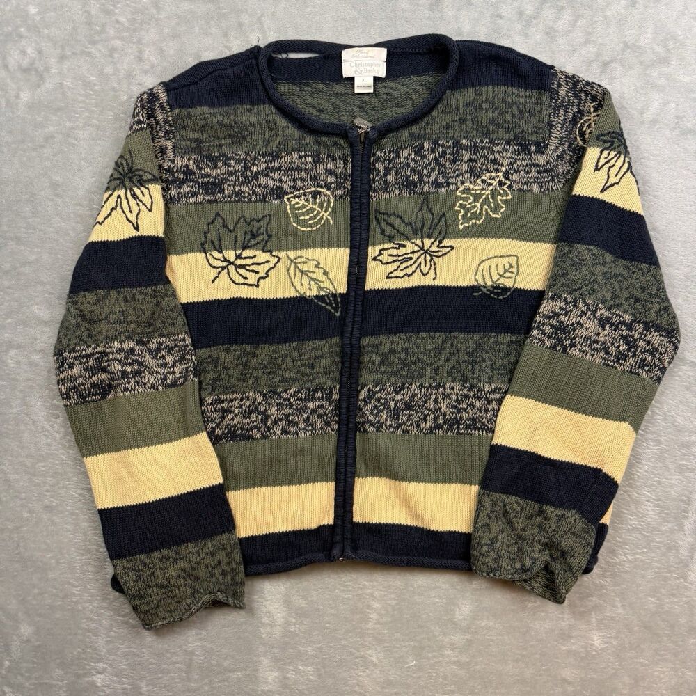 Christopher & Banks Womens XL Cardigan Sweater Green Navy Leaf Full Zip